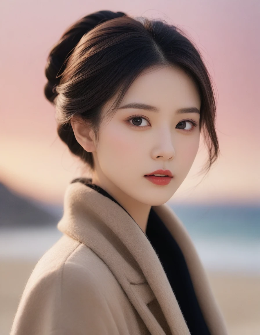 8K, 超high resolution, best quality, masterpiece, surreal, painting,A three-part method, 성숙한 1 woman, (36 years old:1.3), Pretty Woman, Cute face, Beautiful Eyes in Every Detail,korean women ,(Wearing a long winter coat and scarf、Close-up of thin black double-sided updo:1.5)、(The woman turned around with a very sad expression., her medium hair standing on winter beach:1.5)、(blurred background:1.5)、(red sky at sunset:1.5)、(complete anatomy:1.5)、(full hand:1.3)、(full finger:1.3)、realistic、生painting、tabletop、best quality、high resolution、delicate and beautiful、perfect face、beautiful details、fair skin、real human skin、((thin legs))、bold pose,Super cute supermodel、Please look closely at the camera 、vivid details、detailed、surreal、빛과 painting자,strong light,fashion magazine cover,thin lips, Horsehair head, 1 woman, full body shot
