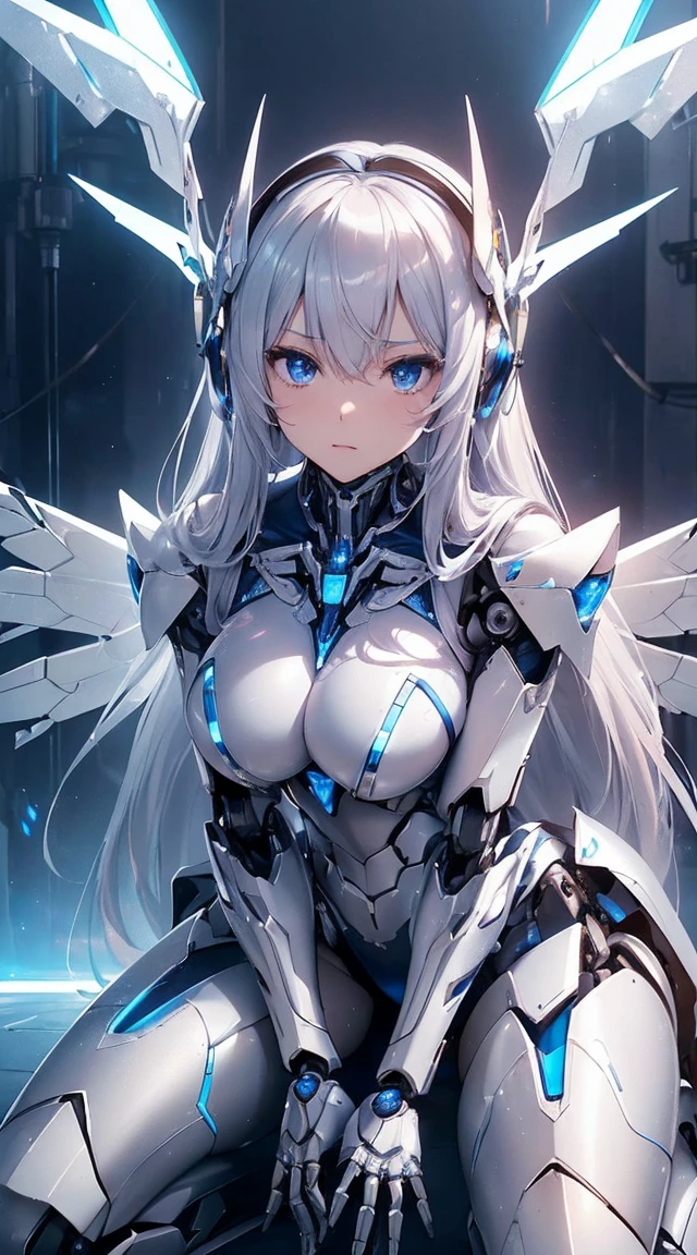 (Sit on one knee on the machine:1.6)、(Full body description:1.3)、((Shining lenses on both breasts:1.3))、((Blue pillars of light are emanating from both chests.:1.3))、smile、((8K)), ((32k)), ((Highest quality)), ((masterpiece)), ((超A high resolution)), ((Tmasterpiece)), ((Halation:1.4))、((Mechaニカルheadgear:1.2))、((Cyber Headphones:1.3))、Fine skin, High quality fabric, Fine metal texture、((Beautiful and dense face))、RAW Photos、Professional, Ultra-fine painting, ((alone)), Beautiful breasts、Highest quality, Very detailed, Very detailed詳細, Finer details, so beautiful, ((Princess Knight Robot:1.2)), (Joints of machines, Mechanical Limbs:1.3), (The internal structure of the machine is exposed:1.3), (Long silver hair:1.1), (Beautiful and huge mechanical breasts)、White Veil, cowboy_shot, Side Focus, headgear, Shiny、(Five Fingers, Four fingers and thumb),Concept Art, Anime fantasy artwork, Detailed fantasy art, (with pale blue-violet hair and large white wings,,,,,,,), (((Long silver hair))), (Mecha:1.6)、Sleek and intimidating design, ((Commander-in-Chief'arm)), (Perfect robot body)、純白と青紫armまたは, Symmetrical wings, 8K high quality, detailed art, 3D rendering of character art in 8K, neat legs, Defined, Defined fingers,