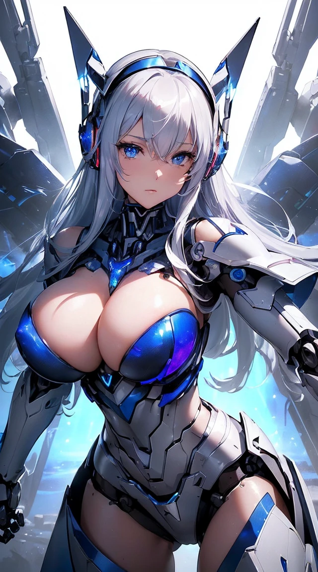 ((Intense action pose:1.6))、((Shining lenses on both breasts:1.3))、((Blue pillars of light are emanating from both chests.:1.3))、smile、((8K)), ((32k)), ((Highest quality)), ((masterpiece)), ((超A high resolution)), ((Tmasterpiece)), ((Halation:1.4))、((Mechaニカルheadgear:1.2))、((Cyber Headphones:1.3))、Fine skin, High quality fabric, Fine metal texture、((Beautiful and dense face))、RAW Photos、Professional, Ultra-fine painting, ((alone)), Beautiful breasts、Highest quality, Very detailed, Very detailed詳細, Finer details, so beautiful, ((Princess Knight Robot:1.2)), (Joints of machines, Mechanical Limbs:1.3), (The internal structure of the machine is exposed:1.3), (Long silver hair:1.1), (Beautiful and huge mechanical breasts)、White Veil, cowboy_shot, Side Focus, headgear, Shiny、(Five Fingers, Four fingers and thumb),Concept Art, Anime fantasy artwork, Detailed fantasy art, (with pale blue-violet hair and large white wings,,,,,,,), (((Long silver hair))), (Mecha:1.6)、Sleek and intimidating design, ((Commander-in-Chief'arm)), (Perfect robot body)、純白と青紫armまたは, Symmetrical wings, 8K high quality, detailed art, 3D rendering of character art in 8K, neat legs, Defined, Defined fingers,