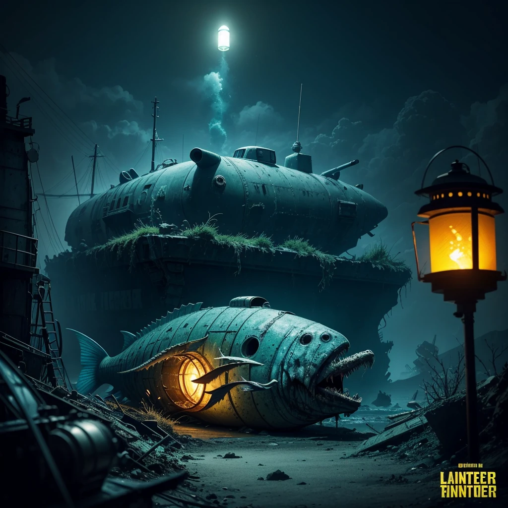 huge fish zombie angler fish next to a destroyed submarine with a lantern on the bottom of the sea at night blue and yellow green glow post-apocalyptic landscapes in retro style poster artistic art comic complex details high detail, 32k, sharpness