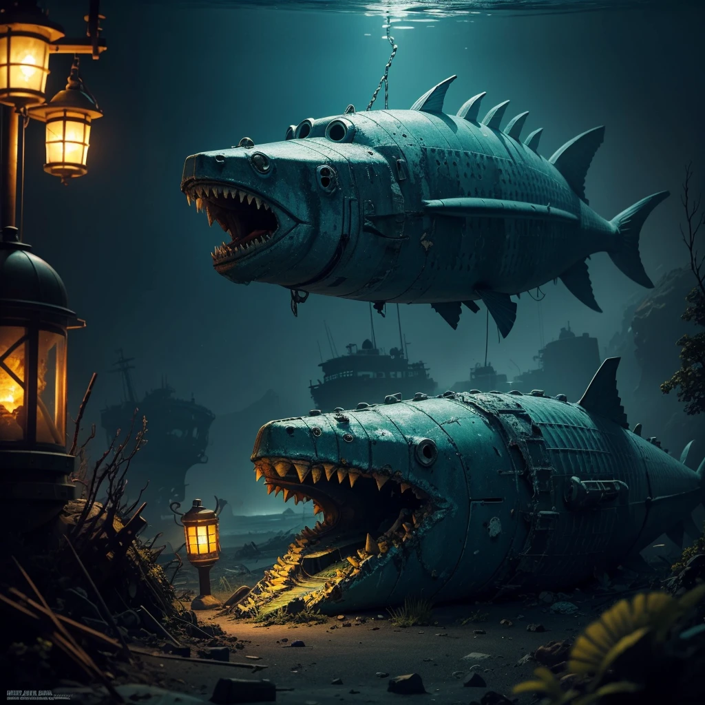 huge fish zombie angler fish next to a destroyed submarine with a lantern on the bottom of the sea at night blue and yellow green glow post-apocalyptic landscapes in retro style poster artistic art comic complex details high detail, 32k, sharpness