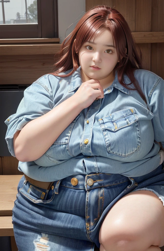 Makima from the anime "Chainsaw Man", bbwchan, whole body, beautiful and ultra detailed. ssbbw, morbid obesity, Dark red hair, yellow eyes, oily face, ultra detailed and soft face. shirt, denim skirt, dynamic pose, Sun,