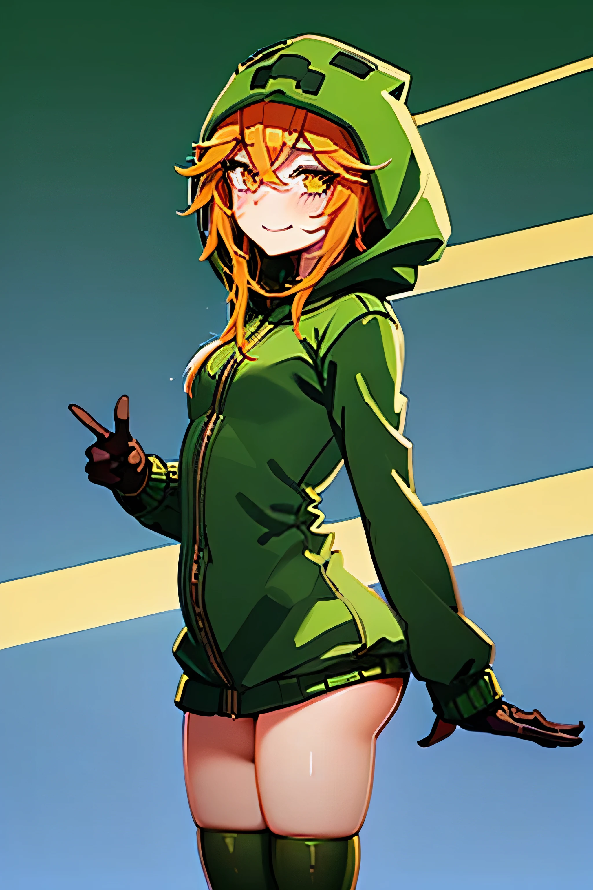 anime girl, creeper girl, orange hair, yellow eyes, blush, cute smile, slim figure, slender legs, long green hoodie, hood, green mini skirt, dark green stockings, black gloves, small breasts, back view