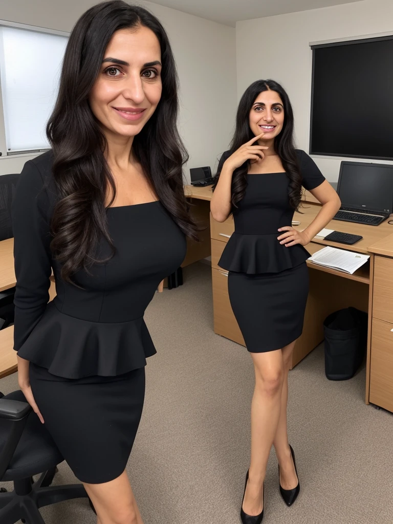 her name is Fatima, a middle-aged Syrian woman, (((snub nose))), (30 years old), (wrinkles), 1girl, solo, (black long hair), smile, wearing peplum dress inside her office, leaning, wide shot, upper body and upper legs