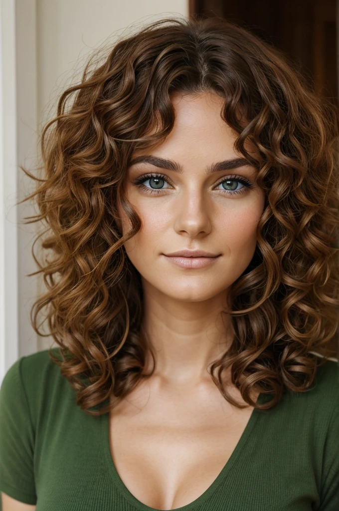 marry, young, 30ans, brun, curly hair, yeux verts, realistic, d'German origin, in evening dress, Face uncovered, to the beach
