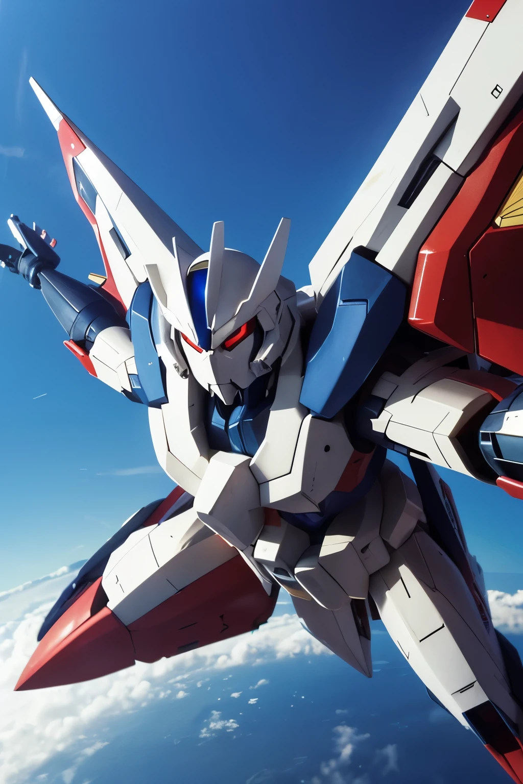 A scene where the Strike Freedom Gundam coolly destroys an enemy unit while flying.