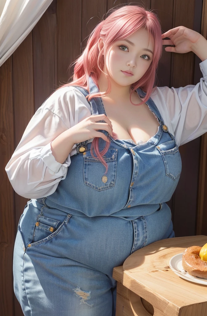 Makima de l'anime "chainsaw man", bbwchan, corps entier, magnifique et ultra détaillée. Ssbbw, obésité morbide, Cheveux rouges, yeux jaunes, visage gras, visage ultra détaillé et doux. Chemise, jupe en jean, pose dynamique, soleil,