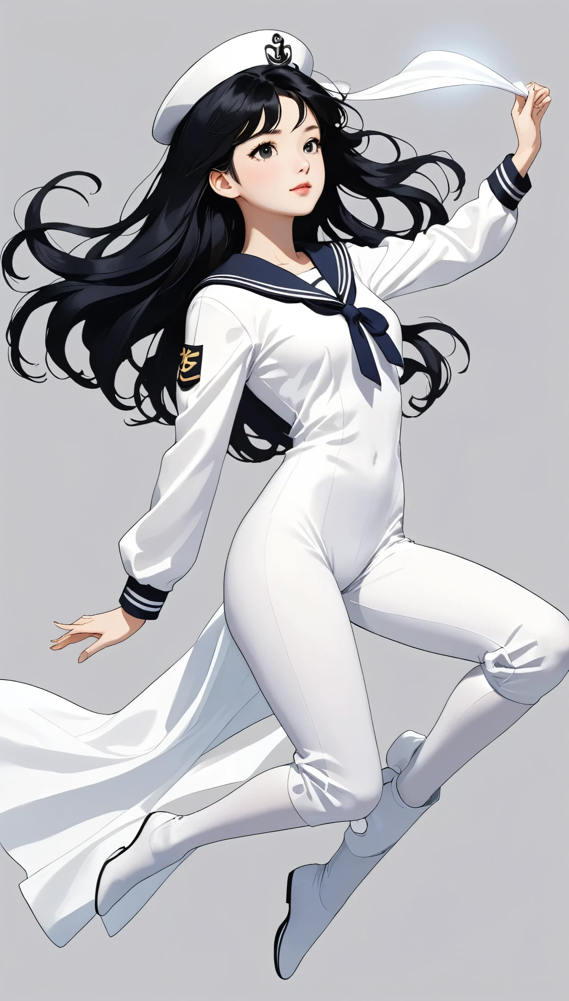 monochromatic、22 years old、woman、Moderate bust、Simple Background、solo、slender、1 person、Superpowers、Small parts floating in the air、Black Hair、Long Hair、Floating in the air、Sailor suit