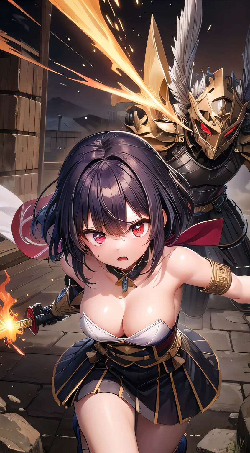 ((((Obra maestra, La mejor calidad, ultrahigh resolution)))), 1man, action, crouching, (spiky black pomade hair:1), short hair cut, tanned skin, (((bright red eyes:0.9)), (((glowing_eyes:0.8)))), (((ultra detailed eyes:0.8, intense staring expression, detailed eyes:0.93))), ((three-quarter view)), (indoor scene:0.7), (((tight shot))), facing left, It comprises of a dimly lit room reminiscent of an ancient shrine. In one corner stands Kaito, seemingly at the ready with his enshrouded blade, a Flamara Mk.III, and his body held taut with primal energy. He wears outfit demonstrated that precedes trademarks of renowned Heishiroized samurai, Modern and sleek Pancho-linings encompass slender젝ng}(kleotho Lacquer Pauldrons (( Sanna Sogata ),folded), Haidate (( Modified blouse with interwoven Kaya Intrigues)), idlegardz knight Morgana ((( Holding Flamara Mk.III in overhead position )))), (muscled thighs in view), Double-knees bent, (( penis:0.3)), periods of faint beads of steam arise from eyebrows to an inch over forehead from the sheer mountain intensity and intensity of Willpower behind instinctual yet excruciating analysis shocks dissipate with focus subsequently maintaining exposure glance with luminous senses of elements receive exION focus of each complexity, torso covered in Defensive cerements and individual martial-based pauldron enables con: turns shining lights crimson while product required thoroughly evaluates before combating, (claw-like hands able to reflect flame and soil.)), Thrills and tension crackle in the air as his heart races)), horrible, dynamic lighting,
