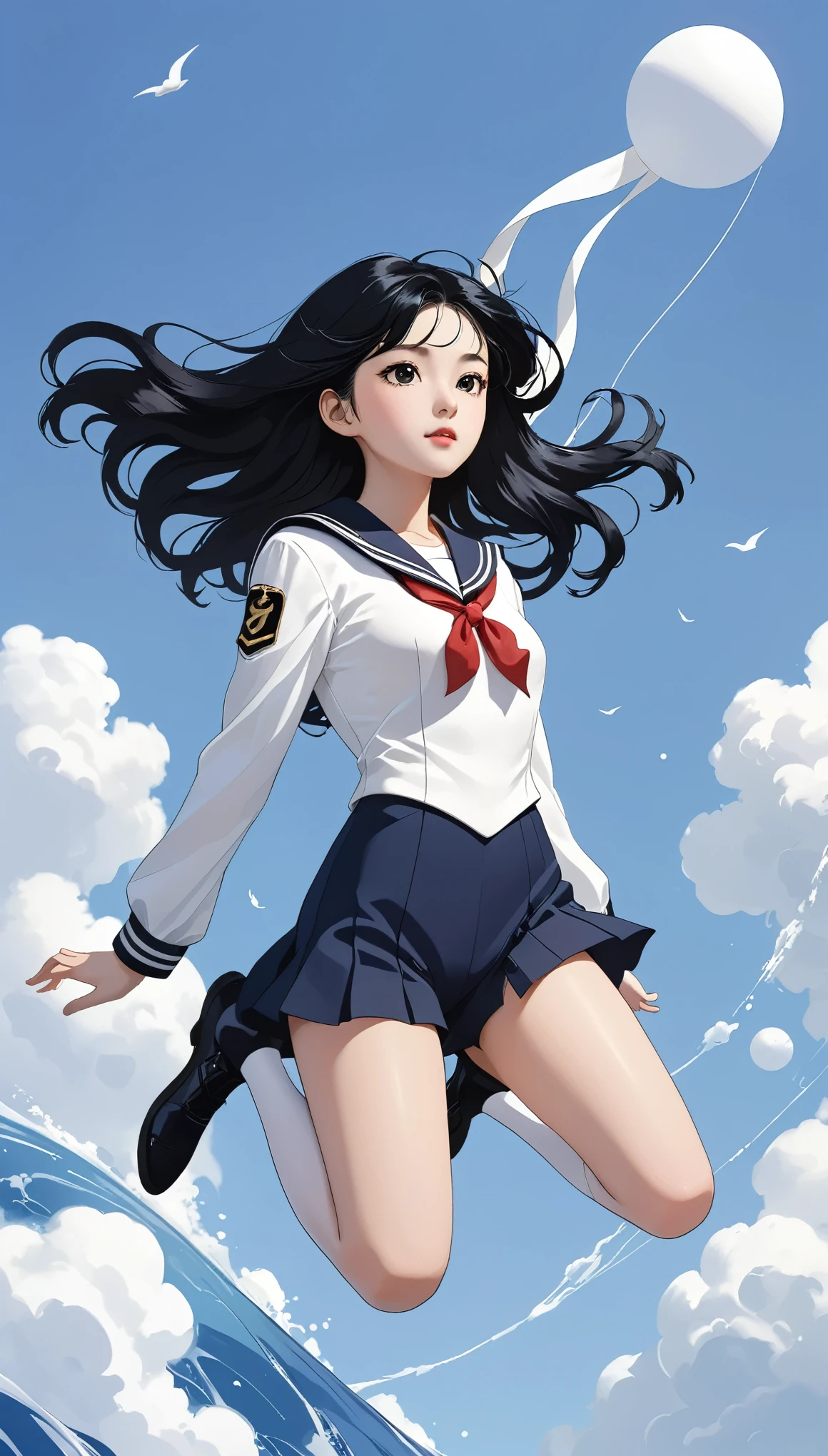 monochromatic、22 years old、woman、Moderate bust、Simple Background、solo、slender、1 person、Superpowers、Small parts floating in the air、Black Hair、Long Hair、Floating in the air、Sailor suit