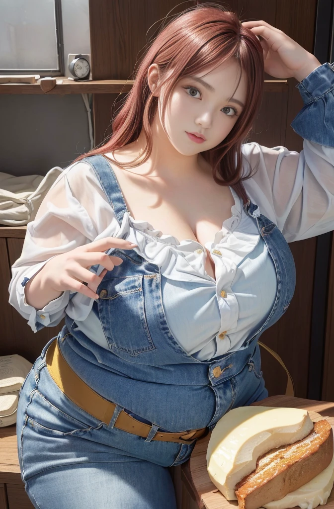 Makima de l'anime "chainsaw man", bbwchan, corps entier, magnifique et ultra détaillée. Ssbbw, obésité morbide, Cheveux rouges, yeux jaunes, visage gras, visage ultra détaillé et doux. Chemise, jupe en jean, pose dynamique, soleil,