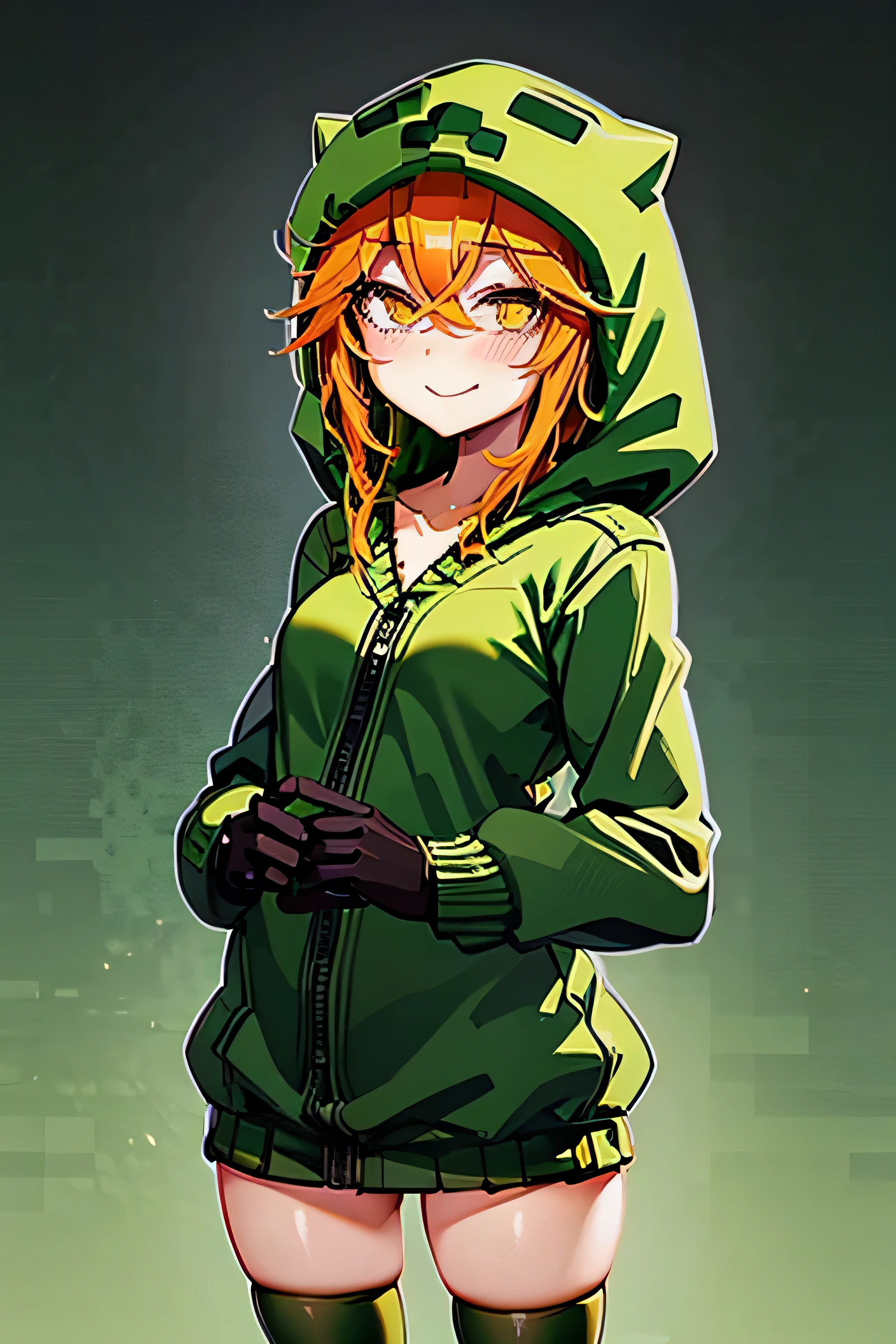 anime girl, creeper girl, orange hair, yellow eyes, blush, cute smile, slim figure, slender legs, long green hoodie, hood, green mini skirt, dark green stockings, black gloves, small breasts, minecraft plains