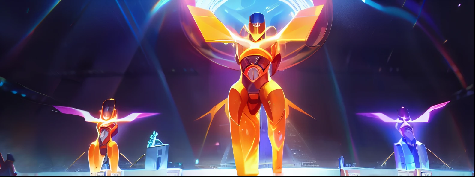 lolsplashart, Garen, a white man with brown hair, blue eyes, looking up, perspective, holograms, anima squad, muscles, orange hero costume, orange,robotic wings, technology, league of legends art panel, riot games, splash art, league of legends, splash art lol, Garen lol, full body (Liga dos lendários)