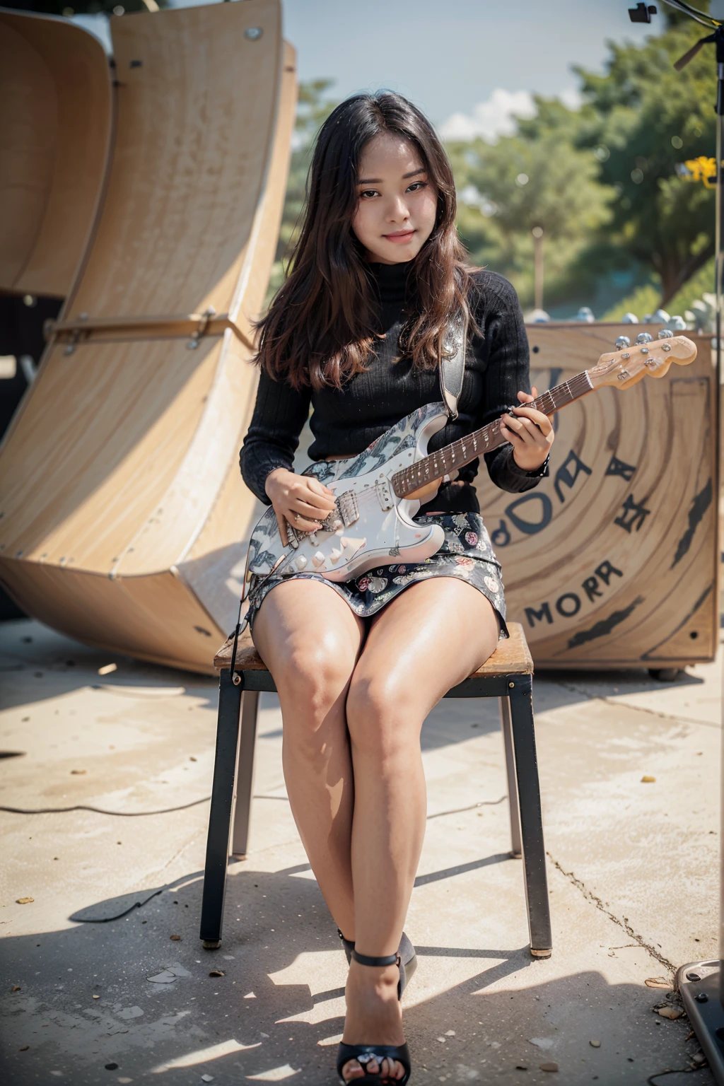 masterpiece, best quality, ultra detailed, high resolution, 1 girl, ((pretty lady MoonLay)), Burmese girl, ((pretty lady MoonLay's seductive sweet face with sweet smile:1.2)), ((playing guitar with sweet pose:1.6)), ((electric guitar)), ((big stage background:1.5)), (((background blur to highlight character:1.4))), golden hour setting, 8k, (black sweater turtleneck tight blouse), ((white ink flowers pattern printed on black mini tight skirt:1.2)), ((sitting and elegantly put her left leg over right leg:1.5)), (stiletto high heel), ((full body view:1.6)), (vibrant HDR lighting),