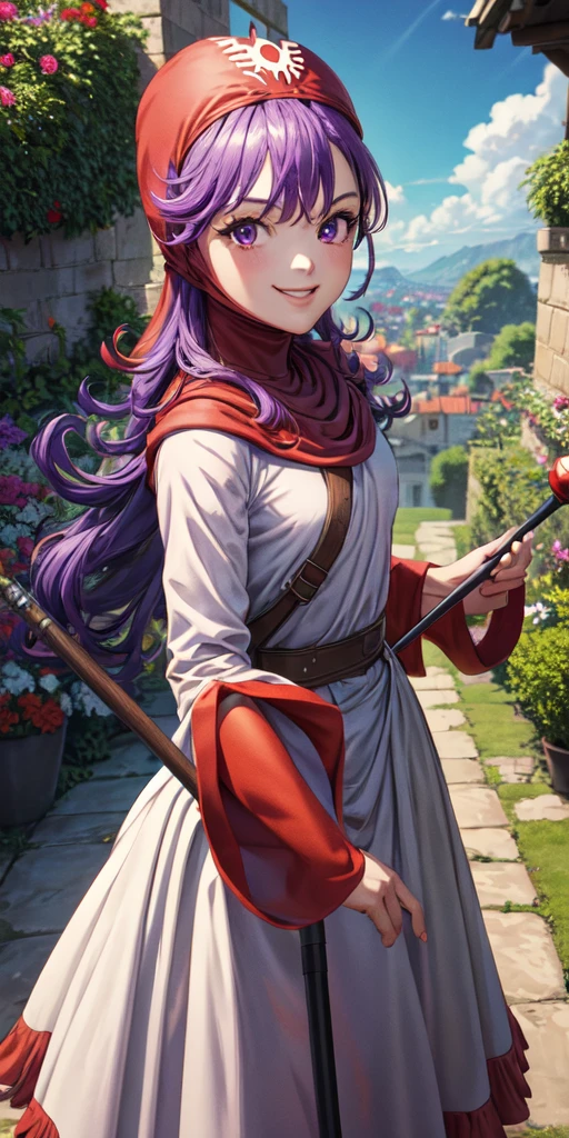 masterpiece, best quality, 4k, 8k, dqPom, red hood, purple hair, robe, upper body, standing, holding staff, sky, garden, looking at viewer, from above, smile