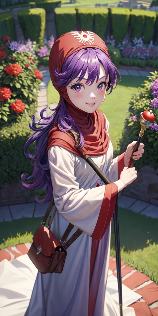 masterpiece, best quality, 4k, 8k, dqPom, red hood, purple hair, robe, upper body, standing, holding staff, sky, garden, looking at viewer, from above, smile