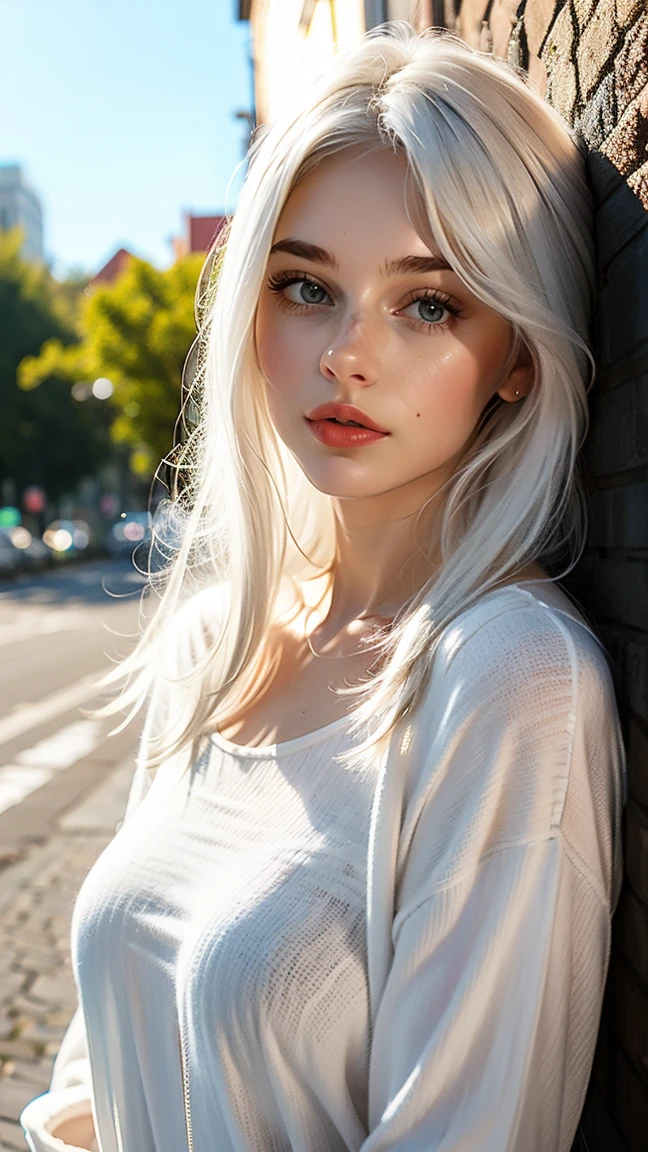Woman, 160cm, 20 ans, white hair, outside background, 80c