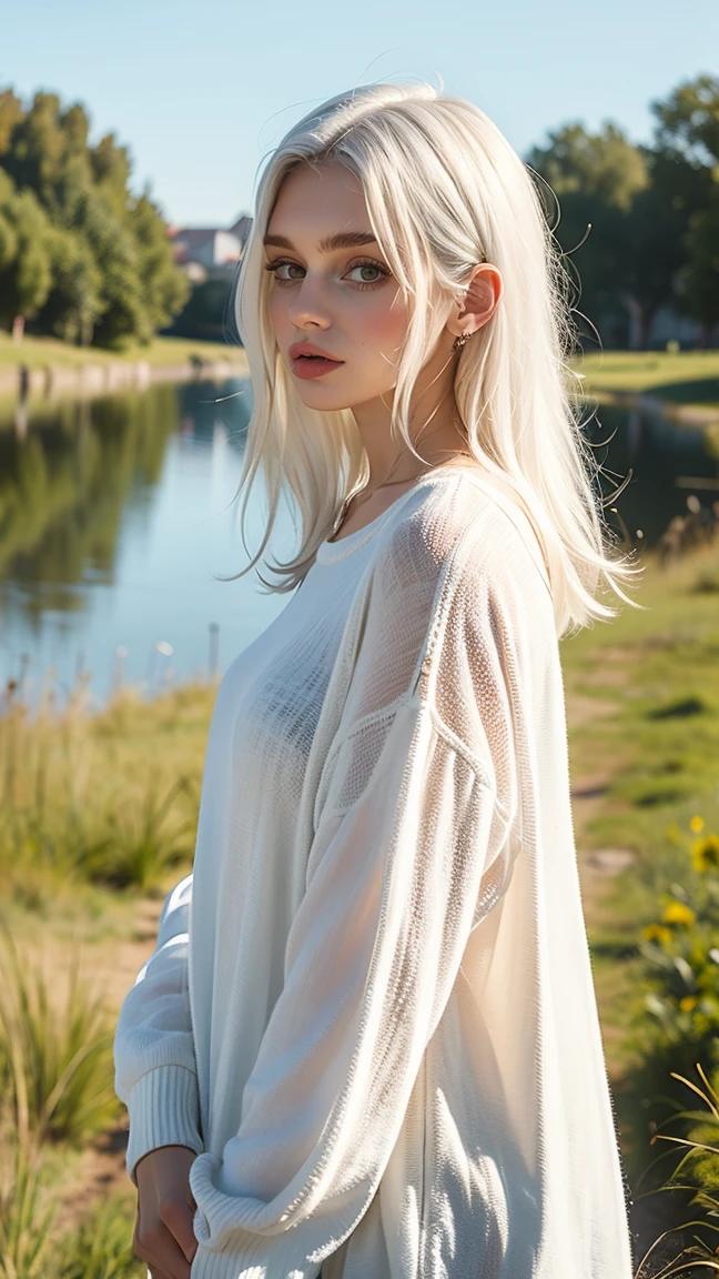 Woman, 160cm, 20 ans, white hair, outside background, 80c