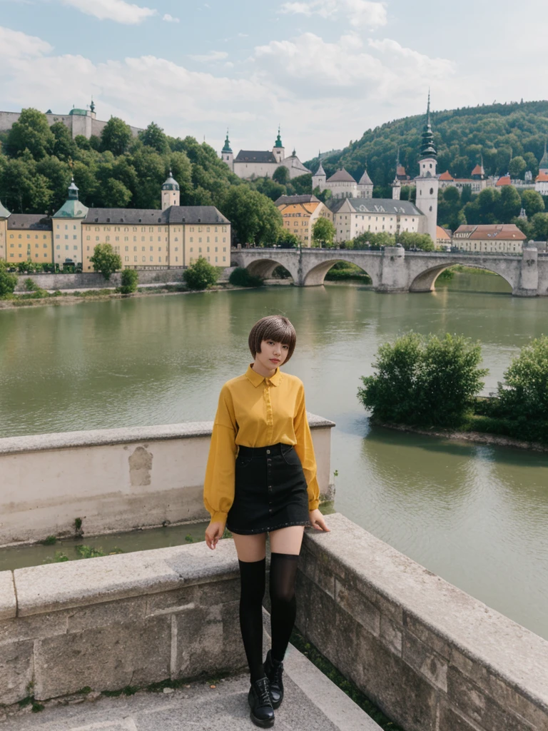 her name is Asako, high quality, 1girl, ((20-year-old fit Caucasian woman)), ((20 years old)), ((slim)), ((Edgy Bowl Cut hair)), pose: standing, wearing edgy Generation-Z modern wear bright colored, BACKGROUND:In the Letná Park, with panoramic views of the Vltava River and the historic city center