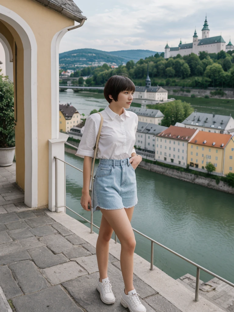 her name is Asako, high quality, 1girl, ((20-year-old fit Caucasian woman)), ((20 years old)), ((slim)), ((Edgy Bowl Cut hair)), pose: standing, wearing edgy Generation-Z modern wear bright colored, BACKGROUND:Your residence is a baroque townhouse with stucco facades and wrought iron railings, overlooking the Salzach River and the Hohensalzburg Fortress.