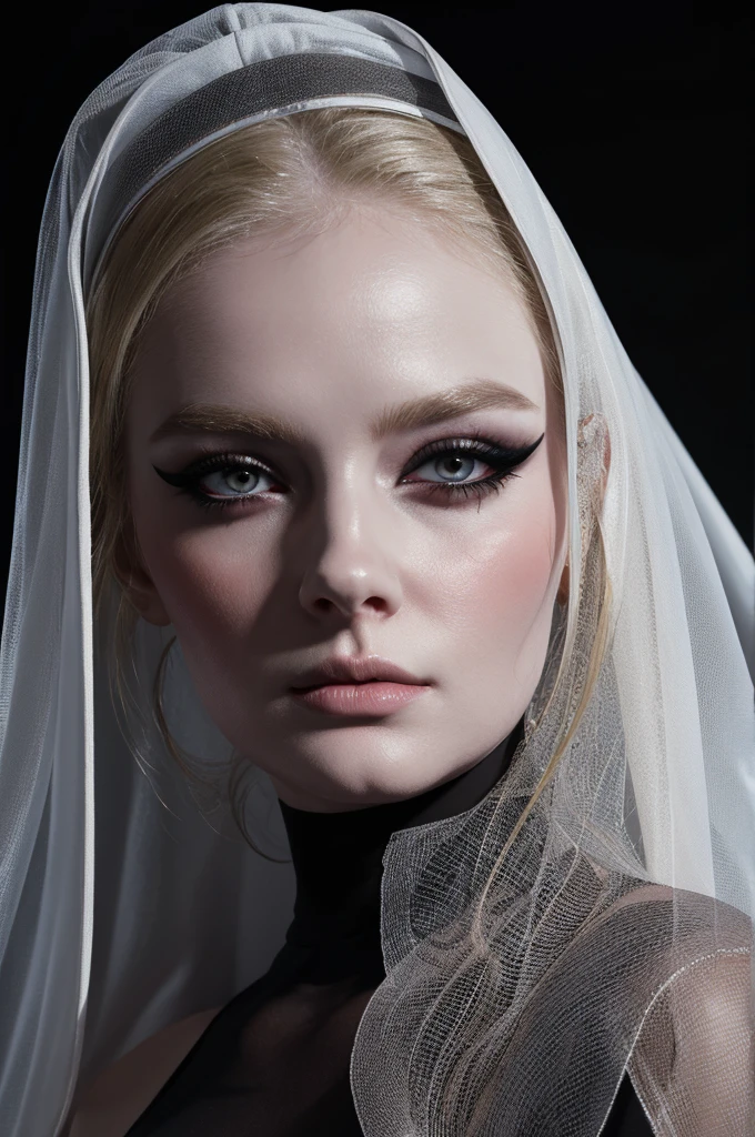 woman pretty, blonde,blackveil,nun sheer dress,pale,eyeliner,portrait,no-makeup ,full body, makeup ,pale woman painting, eyeliner wonderful highly detailed masterpiece, beautiful light deep focus, elegant, digital painting, smooth, dramatic lighting, ultra realistic, 8k, art , black background,black background, black wallpaper