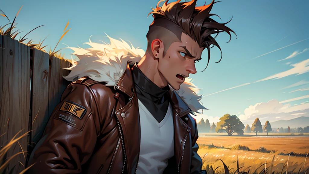 4k ultra high quality, human man, square jaw, red goggles over his eyes, white high top hair cut hair shaved on the sides, brown bomber leather jacket with white fur collar, black shirt and pants, distraught look on his face shouting, standing in field of mud tall yellow grass behind a wall of wooden boards