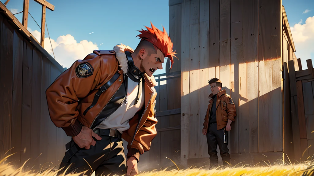 4k ultra high quality, human man, square jaw, red goggles over his eyes, white high top hair cut hair shaved on the sides, brown bomber leather jacket with white fur collar, black shirt and pants, distraught look on his face shouting, standing in field of mud tall yellow grass behind a wall of wooden boards
