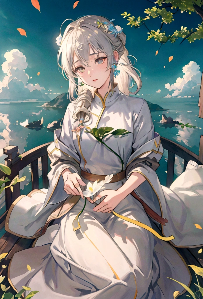 Masterpiece, highest quality, (highly detailed CG Unity 8k wallpaper) (highest quality), (best illustration), (best shadow) nature', sky, clouds, delicate leaf petals falling in the light of the air Tracking, ultra detailed