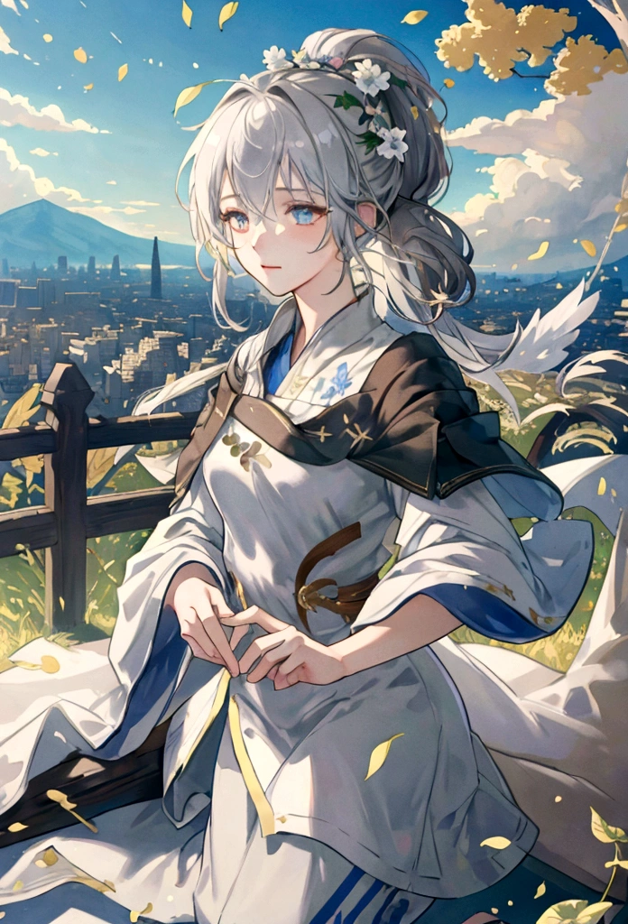 Masterpiece, highest quality, (highly detailed CG Unity 8k wallpaper) (highest quality), (best illustration), (best shadow) nature', sky, clouds, delicate leaf petals falling in the light of the air Tracking, ultra detailed