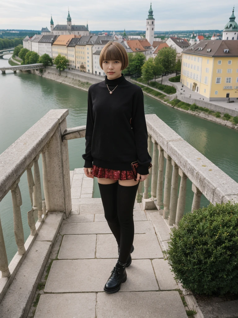 her name is Asako, high quality, 1girl, ((20-year-old fit Caucasian woman)), ((20 years old)), ((slim)), ((Edgy Bowl Cut hair)), pose: standing, wearing fashionable Generation-Z modern wear bright colored, BACKGROUND:Your residence is a baroque townhouse with stucco facades and wrought iron railings, overlooking the Salzach River and the Hohensalzburg Fortress.