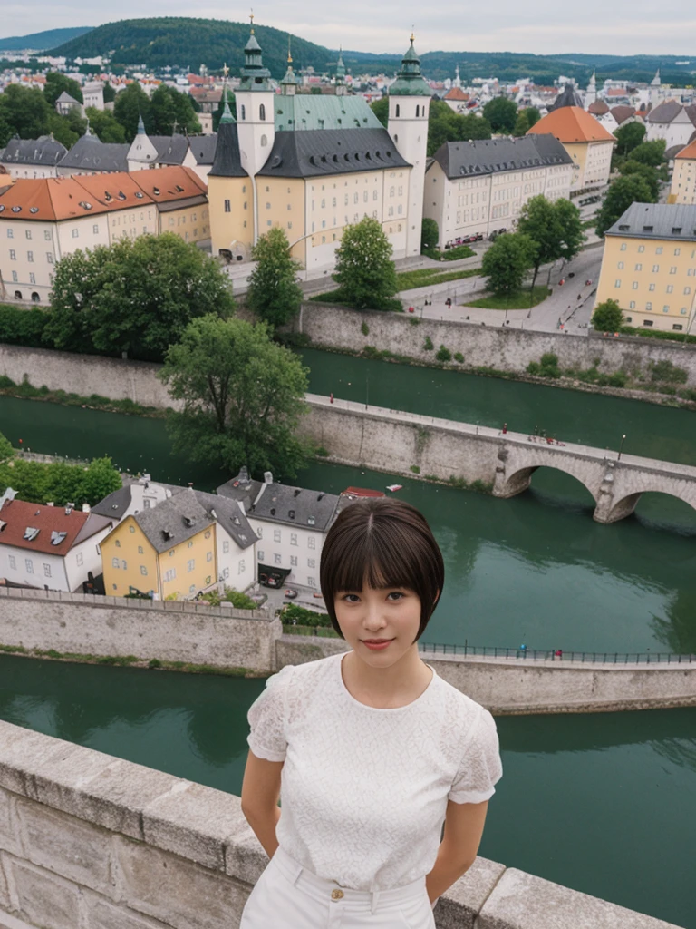 her name is Asako, high quality, 1girl, ((20-year-old fit Caucasian woman)), ((20 years old)), ((slim)), ((Edgy Bowl Cut hair)), pose: standing, wearing fashionable Generation-Z modern wear bright colored, BACKGROUND:Your residence is a baroque townhouse with stucco facades and wrought iron railings, overlooking the Salzach River and the Hohensalzburg Fortress.