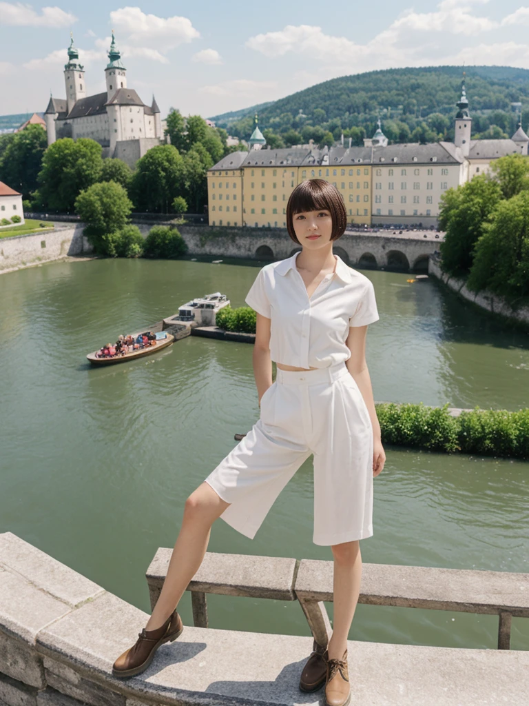 her name is Asako, high quality, 1girl, ((20-year-old fit Caucasian woman)), ((20 years old)), ((slim)), ((Edgy Bowl Cut hair)), pose: standing, wearing fashionable Generation-Z modern wear bright colored, BACKGROUND:Your residence is a baroque townhouse with stucco facades and wrought iron railings, overlooking the Salzach River and the Hohensalzburg Fortress.