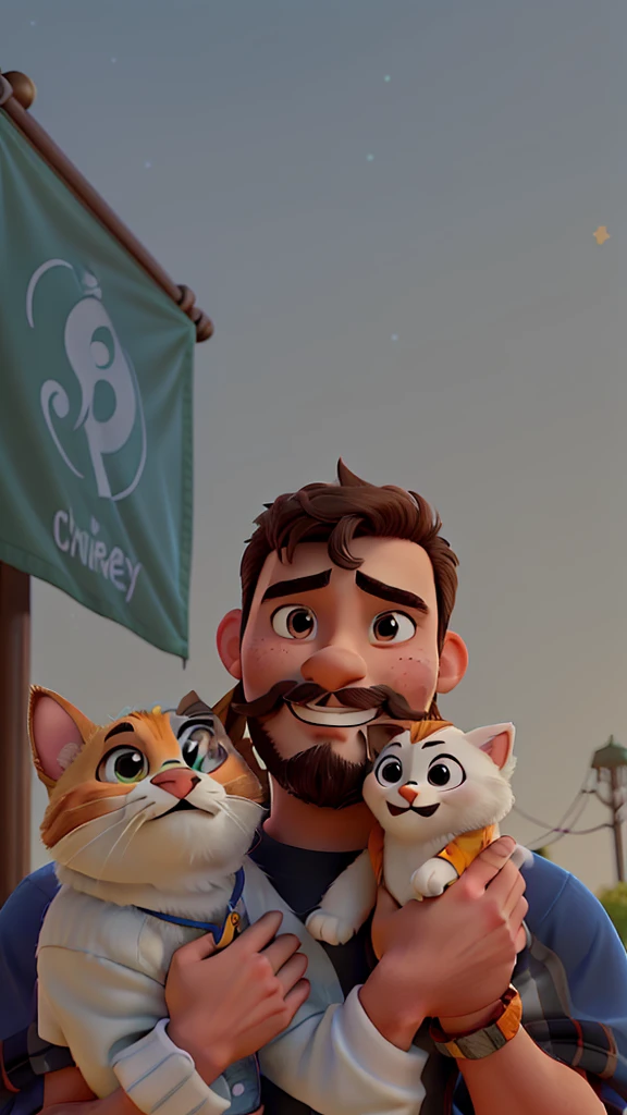 A disney pixar movie poster featuring a teenage character with a short beard and mustache, happy and cute. wearing clothes, Grinning, in one arm holding a Shintzu dog (bege e offwhite e no outro segurando um gato com várias cores (tricolor, offwhite, orange, blackw. Under a blue sky, full of stars outdoors ( the image is cute and so are the characters
