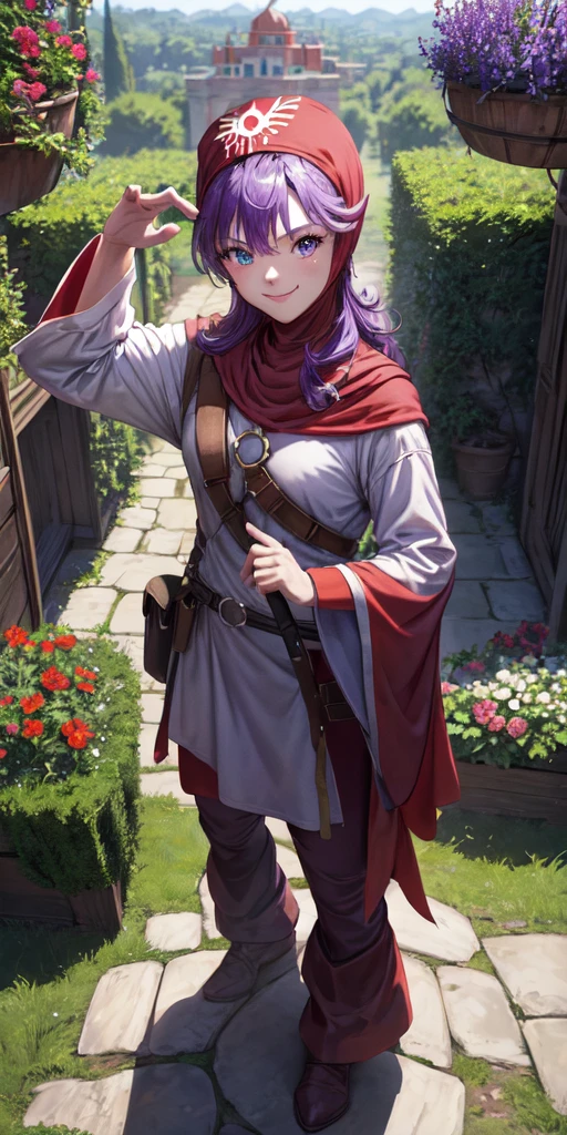 masterpiece, best quality, 4k, 8k, dqPom, red hood, purple hair, robe, cowboy shot, standing, holding staff, sky, garden, looking at viewer, from above, smile