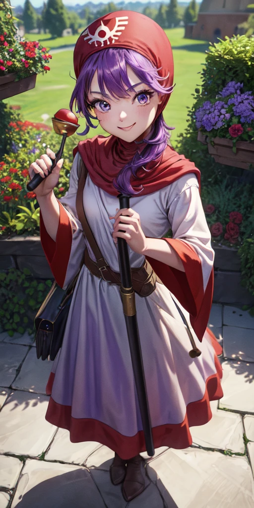 masterpiece, best quality, 4k, 8k, dqPom, red hood, purple hair, robe, cowboy shot, standing, holding staff, sky, garden, looking at viewer, from above, smile