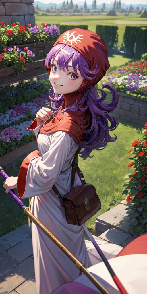 masterpiece, best quality, 4k, 8k, dqPom, red hood, purple hair, robe, cowboy shot, standing, holding staff, sky, garden, looking at viewer, from above, smile