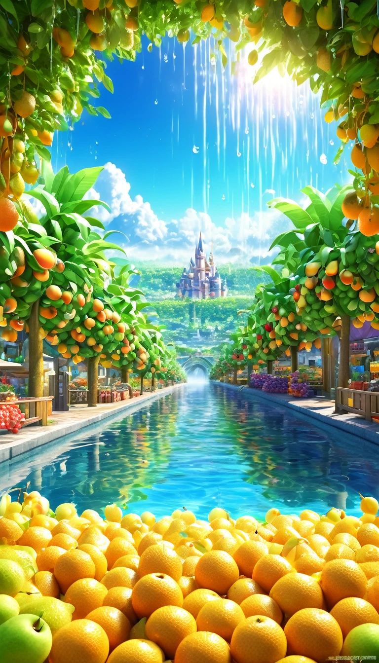 best quality, very good, 16K, 2.5D, delicate and dynamic, A wide variety of fruits, Fruit Town, Fruit Kingdom, Full of Fruit, Water Drop, Bright colors、Clear depiction, The effect is vivid, fresh and clear, fantasy, A land of dreams