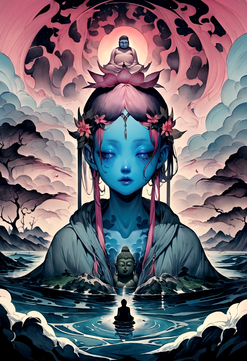 Buddha wearing a hoodie、Blue Skin,Dreadlockale Buddha,thin,That's pink,,night,Surrounded by lakes