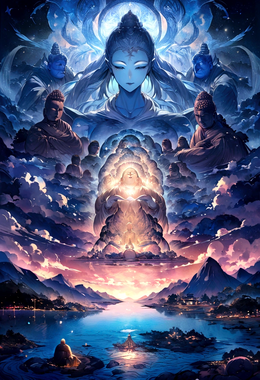 Buddha wearing a hoodie、Blue Skin，Dreadlockale Buddha，thin，That&#39;s pink，，night，Surrounded by lakes