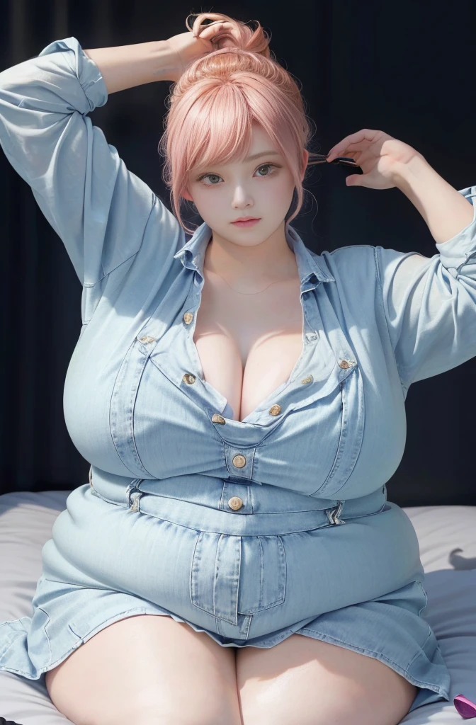 Makima de l'anime "chainsaw man", bbwchan, corps entier, magnifique et ultra détaillée. Ssbbw, obésité morbide, Cheveux rouges, yeux jaunes, visage gras, visage ultra détaillé et doux. Chemise, jupe en jean, pose dynamique, soleil,