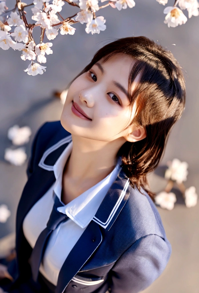 (Highest quality,masterpiece:1.3,Ultra-high resolution),(Very detailed,Caustics,8K),(Realistic:1.4,RAW shooting),1 Girl,(smile),(Looking up at cherry blossoms),18-year-old,cute,Japanese,Short black hair,(school uniform),glamorous,(big ),(Face Focus),street,cherry blossoms,Natural light,(Lens flare),Professional Writing,(Cowboy Shot),(bird's's point of view:1.2),(High position:1.4),(High Angle:1.4)