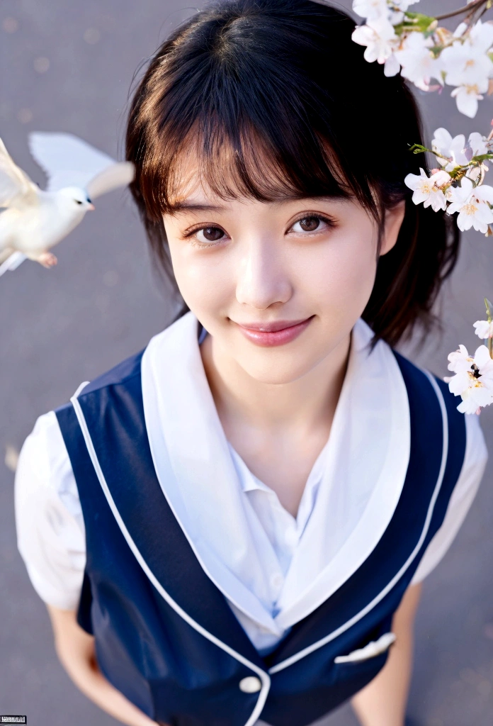 (Highest quality,masterpiece:1.3,Ultra-high resolution),(Very detailed,Caustics,8K),(Realistic:1.4,RAW shooting),1 Girl,(smile),(Looking up at cherry blossoms),18-year-old,cute,Japanese,Short black hair,(school uniform),glamorous,(big ),(Face Focus),street,cherry blossoms,Natural light,(Lens flare),Professional Writing,(Cowboy Shot),(bird's's point of view:1.2),(High position:1.4),(High Angle:1.4)
