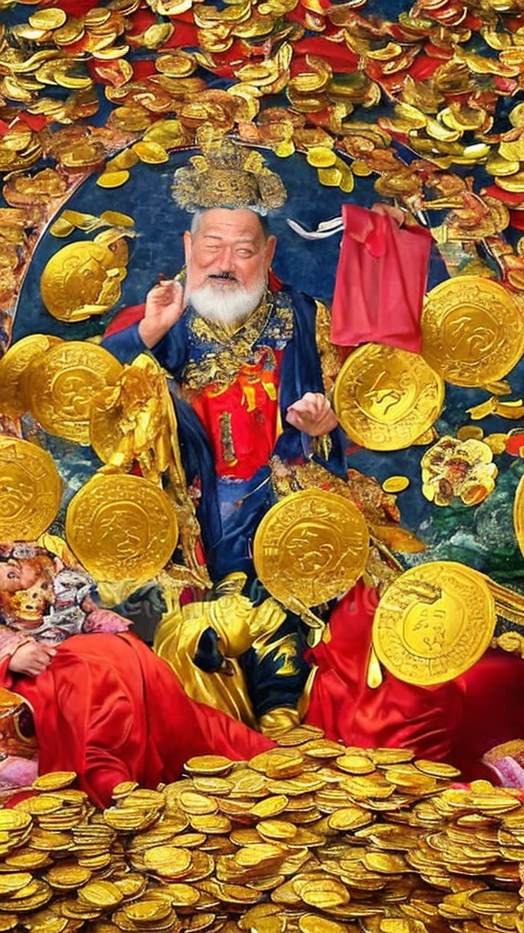 Zhao Gongming, the God of Wealth，80-year-old kind old man，（Chinese elderly），Realistic，Surrounded by money，Falling into the cornucopia，Gold coins flying all over the sky，