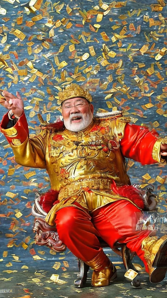Zhao Gongming, the God of Wealth,80-year-old kind old man,(Chinese elderly),Realistic,Surrounded by money,Falling into the cornucopia,Gold coins flying all over the sky,
