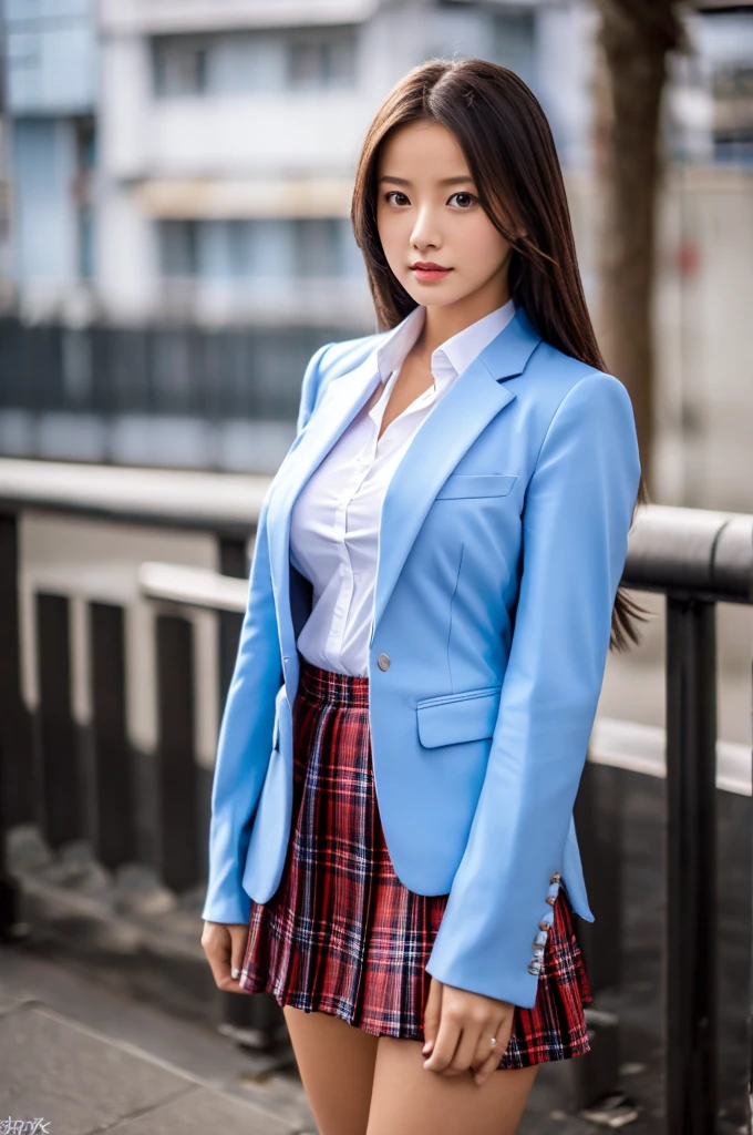 a 16 year old girl, she is the most beautiful actress in the world, the perfect body proportions of this girl, the blazer is firmly the skin of her upper body with it's large breasts are covered 100% by the shirt that's firmly covered by the blazer, it's hard for the short skirt to hide the crotch area between her bare legs, the things she wears are formal, it's only one description of one body, it's from right above her head to right above her feet are just within this frame, all her body is looking forward to viewer, she is standing at the city street, nsfw, best quality, highly detailed, masterpiece, ultra high res, photo realistic, 8k, RAW photo