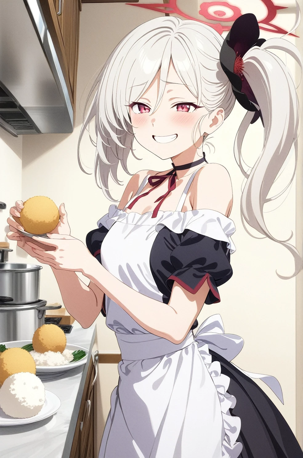best quality, amazing quality, very aesthetic, absurdres, (1girl, mutsuki, blue archive, solo, red eyes, white hair, side ponytail), (realistic face:0.9),(off-shoulder dress:1.8),dress lift, (grin, blush, thigh:1.3), (cowboy shot), (glowing eyes:1.1), (half closed eyes:0.9), (from side:2),(official art:1.3), (kitchen), expressive eyes, perfect face, 4k, extremely detailed anime illustration, extremely detailed eyes, perfect anatomy, light rays, extremely delicate body, smooth skin, (school background:1.5), clear eyes, beautiful face, small breasts,(anime style:1.5), (Chiaroscuro:1.5), (highres:2), In the kitchen, brightly lit by the morning sun, a woman in a white apron is smiling at us. In her right hand is a handful of rice balls, and in her left is a small white plate filled with salt. Her smile is as if she is saying, "Look, it's almost ready.