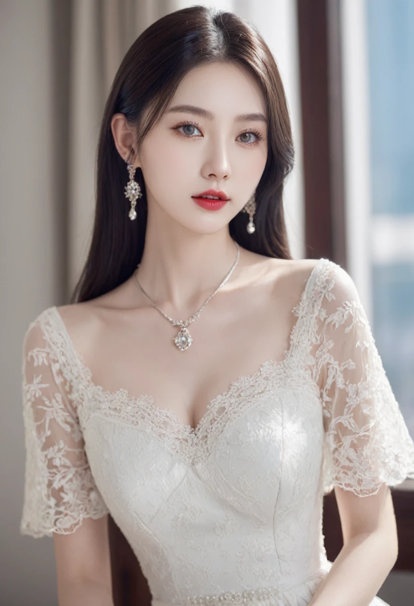 Top CG, Highest image quality, masterpiece, Delicate and gentle beautiful girl, (185cm美女), (Slender figure), Imperial sister, Queen temperament, White skin, ((Long legs)), Perfect facial features, Bright Eyes, posture, Red lips, Beautiful and cold (A major breakthrough)), Beautiful and heroic, Soft and long hair, shiny, lace, net, Skin visible through perspective, wear glasses, Diamond Earrings, Ruby Necklace, (evening dress), 8K Image Quality, (Realistic Portraits), Characters fill the screen, (Facial lighting), ((permanent)