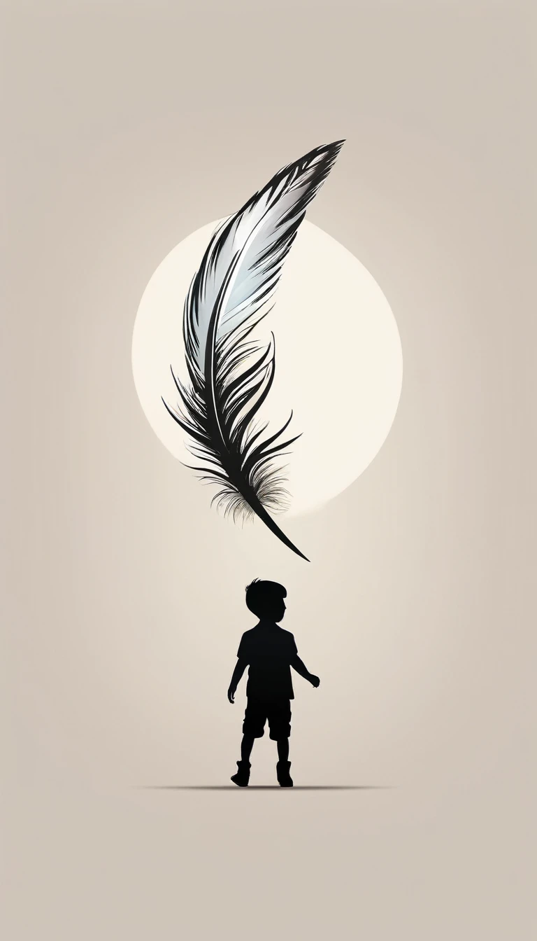 A minimalist, fantastic, poetic, dreamy, captivating, memorable, masterpiece, modern, simple logo design of a boy and a feather for the brand “Penamemoria". The logo must convey a sense of music, stories and dreams. Minimalistic logo design of a boy and a feather.