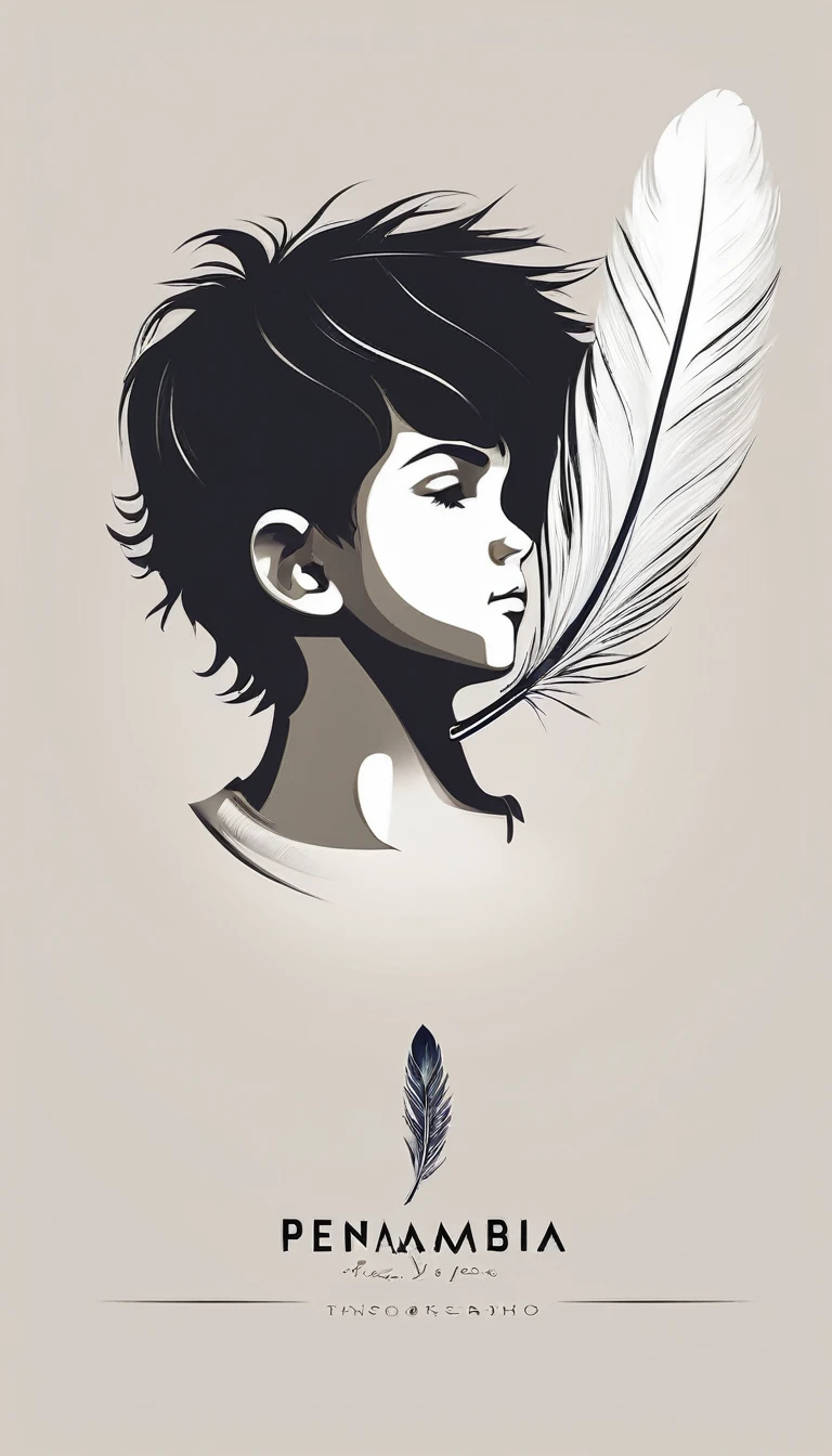 A minimalist, fantastic, poetic, dreamy, captivating, memorable, masterpiece, modern, simple logo design of a boy and a feather for the brand “Penamemoria". The logo must convey a sense of music, stories and dreams. Minimalistic logo design of a boy and a feather.