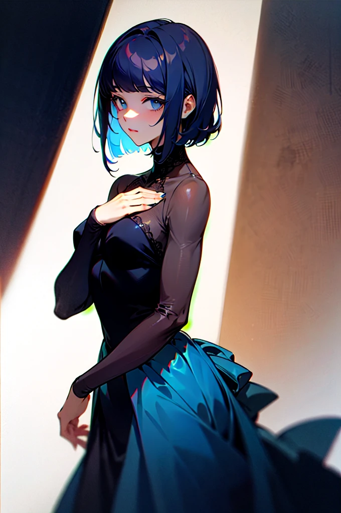 woman with short dark blue hair, elegantly dressed, with straight bangs, elegant,